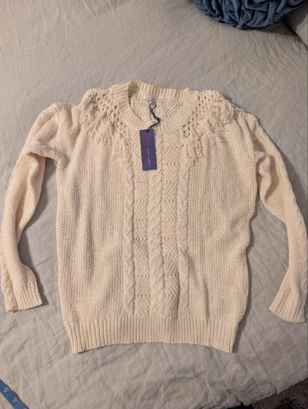 NWT Rebecca Minkoff Barb Cable Knit Fringe Sweater Canvas Cream XS